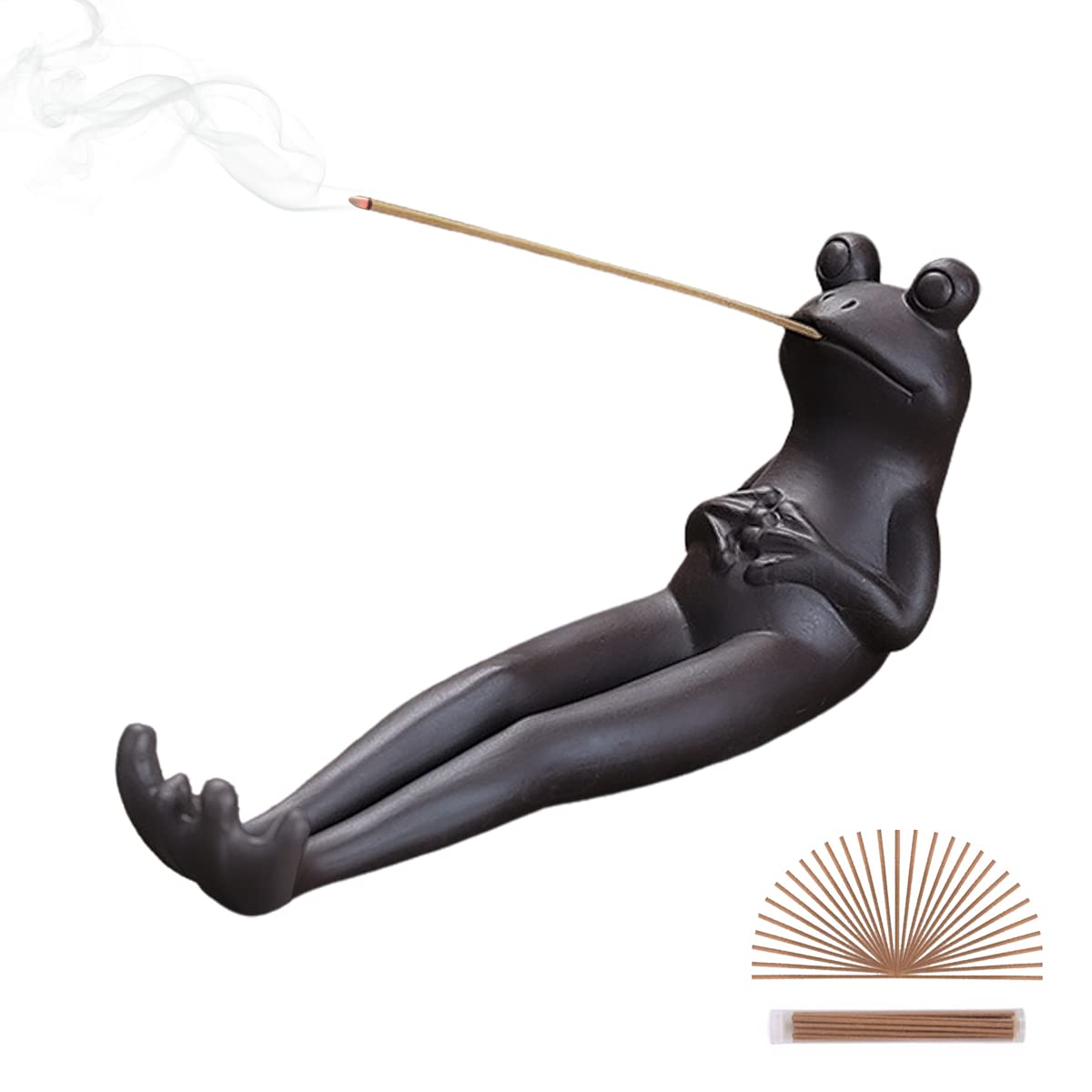 ChangWanna Frog Incense Stick Holder - Ceramic Insence Burner Ash Catcher, Insense Stand with 45 Sandalwood Sticks, Ornament for