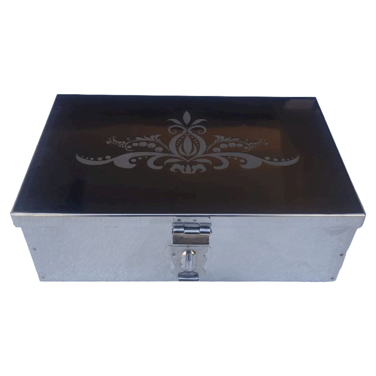 GvanyS Stainless Steel Storage Boxes, 8 Cash Peti, Pooja Peti, Organizer, Vanity Box, Safe Locker Box with Laser Print Design