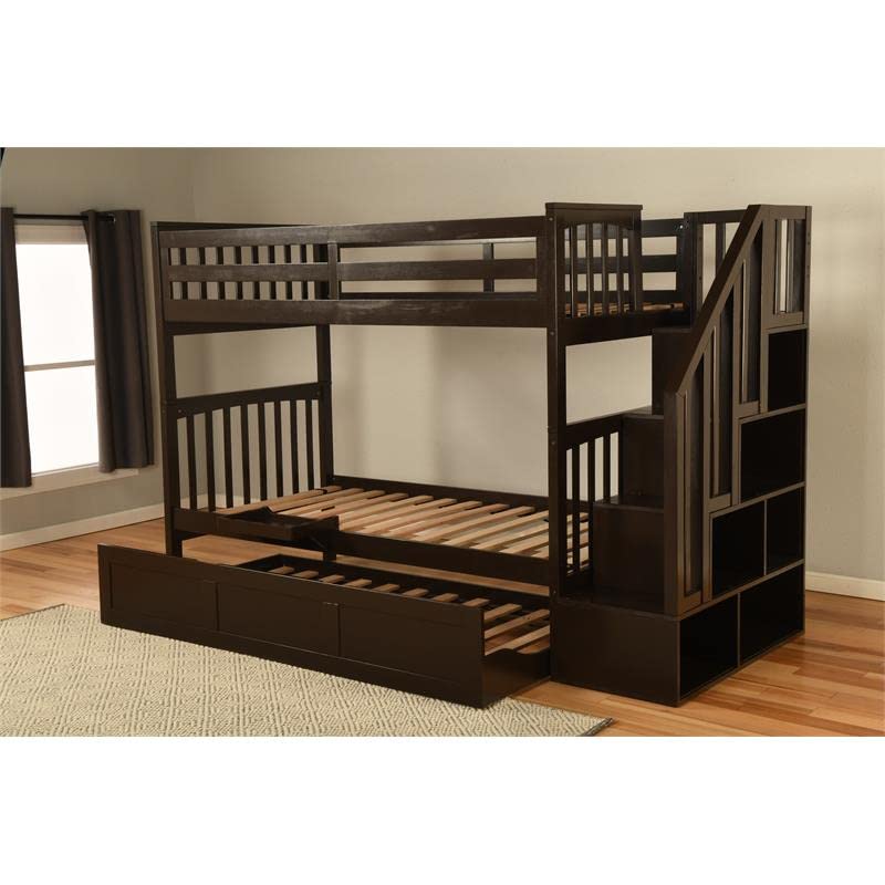 Kodiak Furniture Kelcie Twin/Twin Wood Bunk Bed with Trundle and Tray in Dark Chocolate Brown
