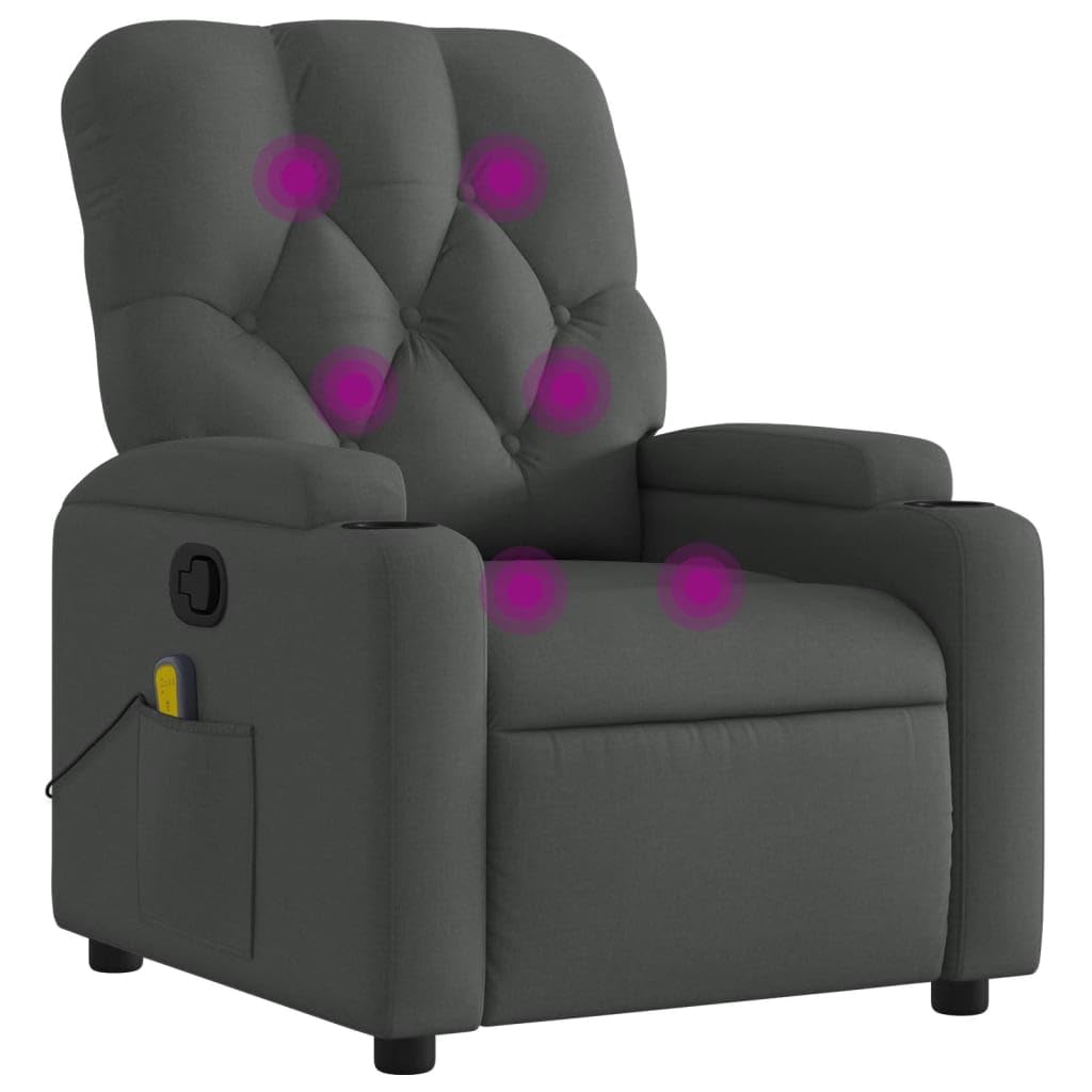 vidaXL Massage Recliner Chair - Dark Gray Fabric Lounger with 6-Point Vibration Massage, Manual Reclining Handle, Cup Holders and Side Pocket, Comfort Padded Seat for Living Room