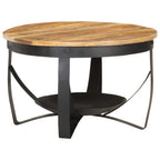 vidaXL Rough Mango Wood Coffee Table - Industrial-Style Round Side Table with Black Iron Base, Handmade for Living Room and Lounge