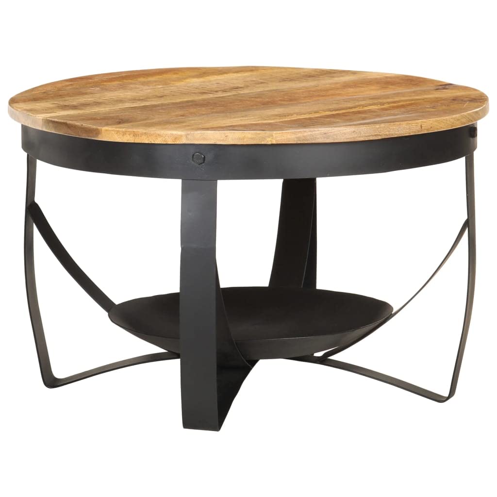 vidaXL Rough Mango Wood Coffee Table - Industrial-Style Round Side Table with Black Iron Base, Handmade for Living Room and Lounge