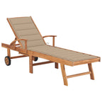 vidaXL Solid Teak Wood Sun Lounger with Beige Cushion and Adjustable Backrest - Rustic Garden and Patio Furniture with Mobility Wheels and Weather Resistance