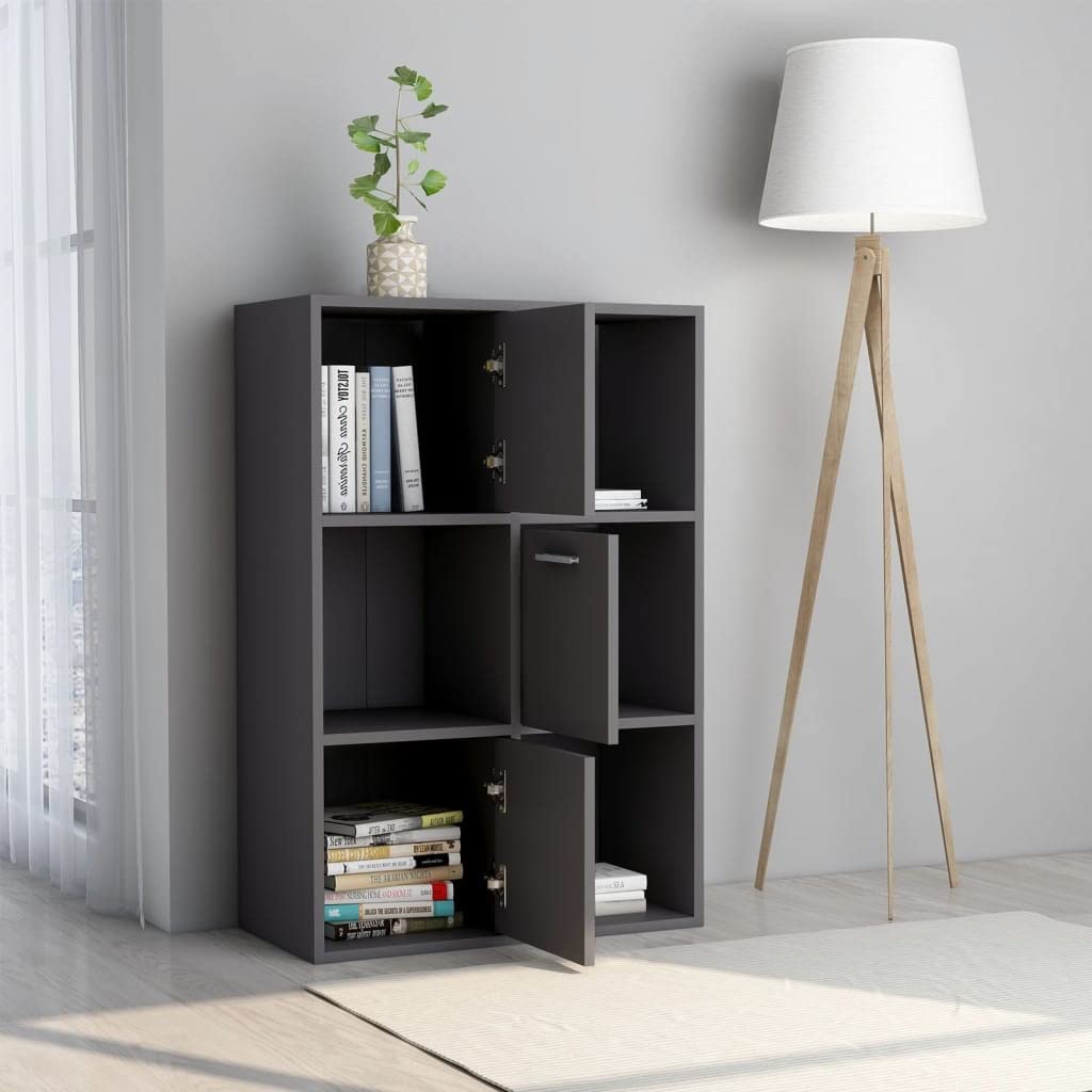 vidaXL Storage Cabinet, Storage Cabinet with 3 Doors Bookcase, Storage Shelf for Office, Freestanding Shelving Unit, Modern, Gray Engineered Wood