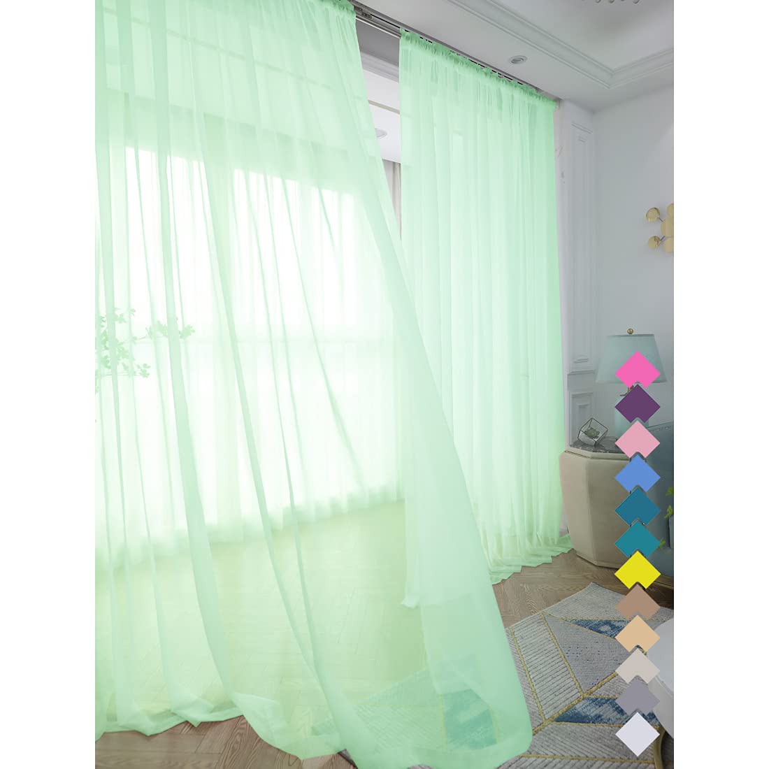 Window Light Green Sheer Curtains 120 Inches Long 2 Panels Sheer Curtain Basic Rod Pocket Panel For Bedroom Children Living Room