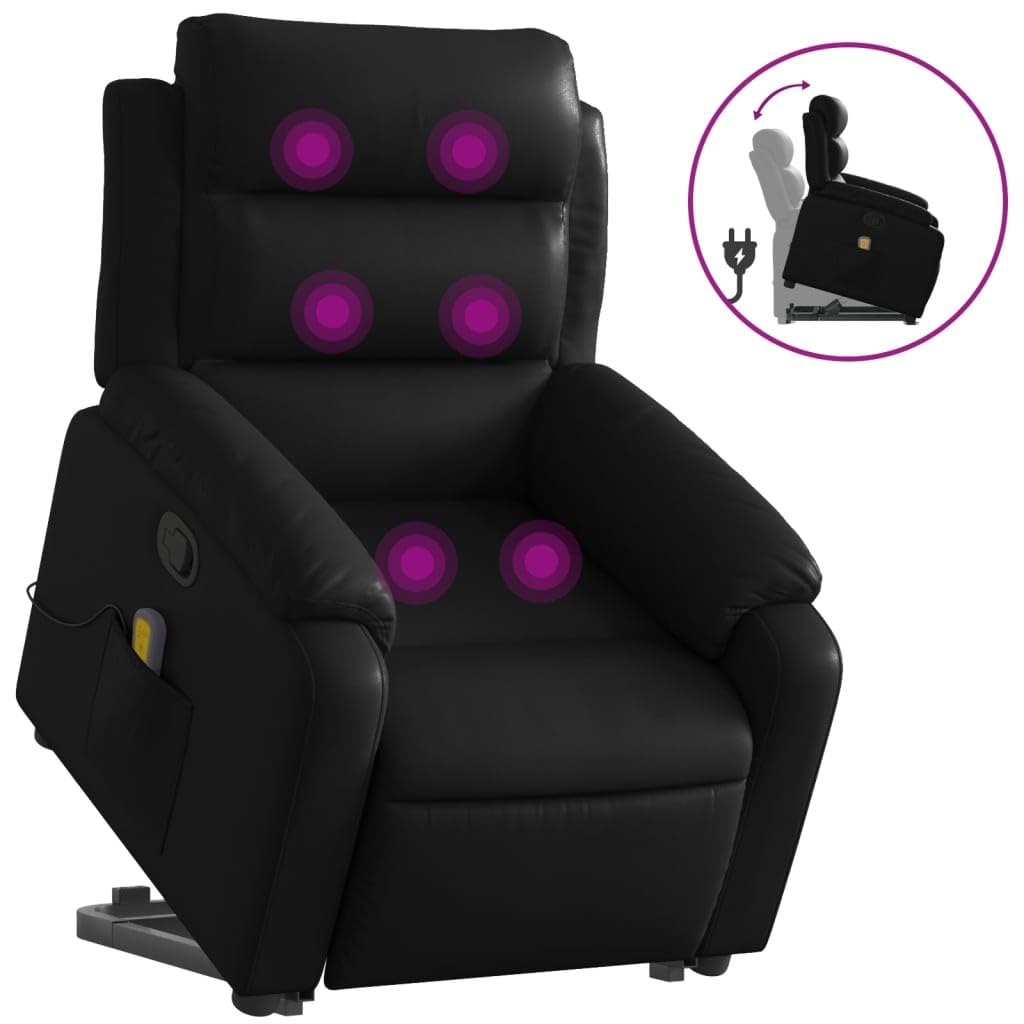 vidaXL Black Faux Leather Power Lift Massage Recliner Chair - Motorized Armchair with Vibration, Manual Recline, and Side Pocket