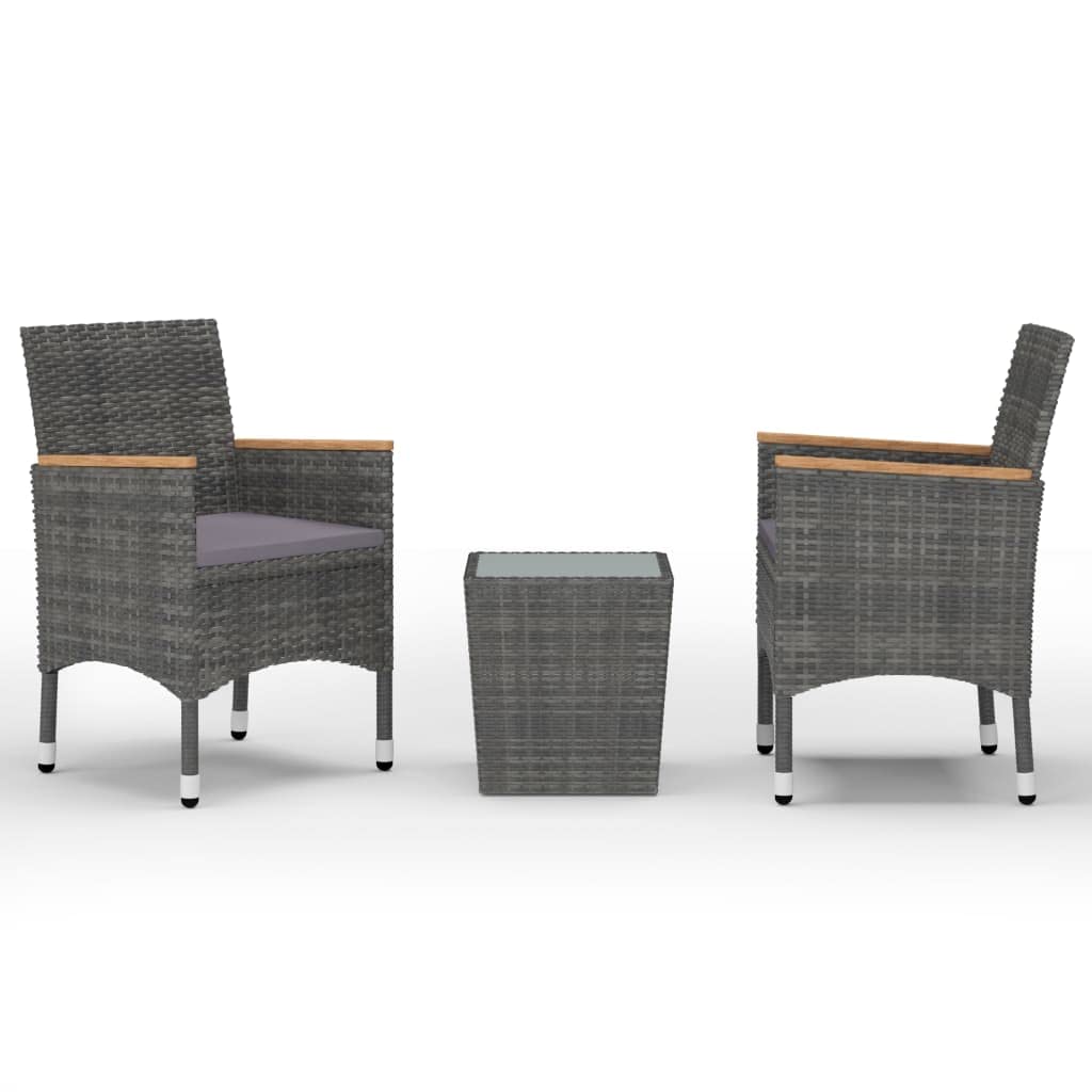 vidaXL Bistro Set 3 Piece Poly Rattan/Steel with Dark Gray Cushions and Tempered Glass Tabletop - Ideal for Garden/Balcony/Deck/Backyard