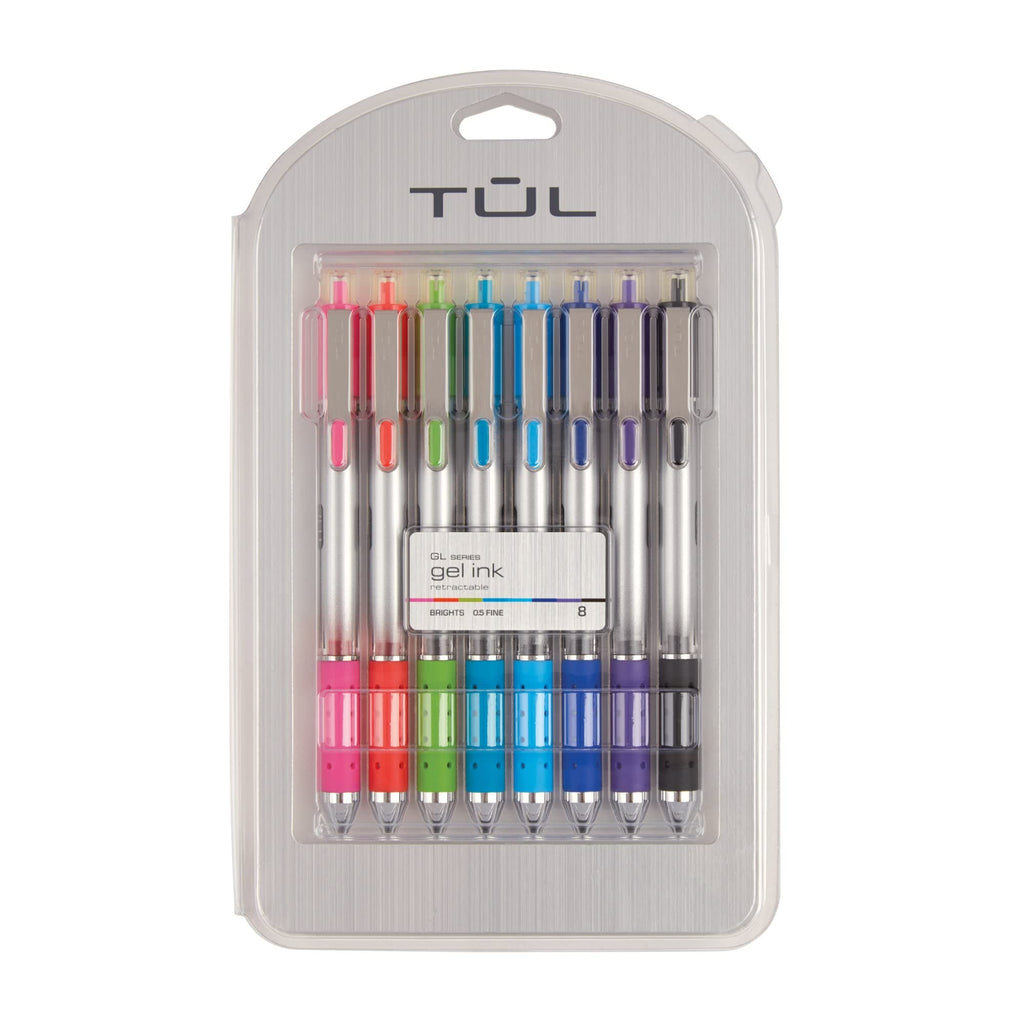 TUL Retractable Gel Pens, 0.5mm Needle Point, Gray Barrel, Assorted Bright Ink Colors, Pack of 8