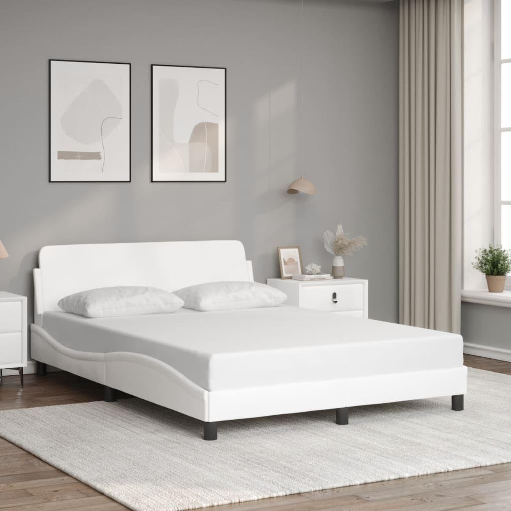 vidaXL White Faux Leather Bed Frame with Headboard - 53.9&quot;x74.8&quot; - Durable, Easy Clean Surface, Sleek Design for Modern Bedrooms