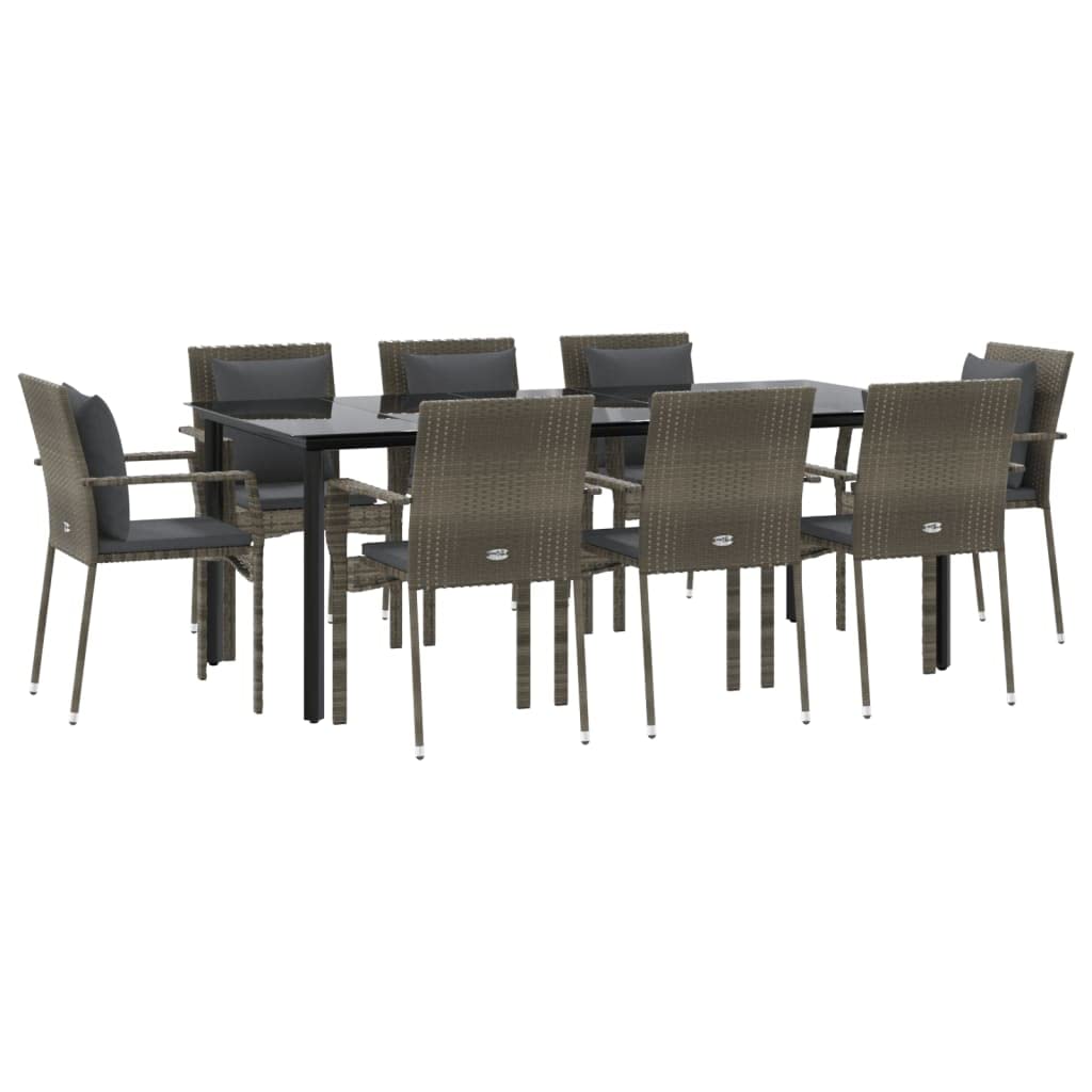 vidaXL 9-Piece Patio Dining Set: Stylish and Comfortable Outdoor Furniture, Contemporary Design, with Sturdy PE Rattan & Steel Frame, Black & Gray, Tempered Glass Tabletop, Comes with Cushions