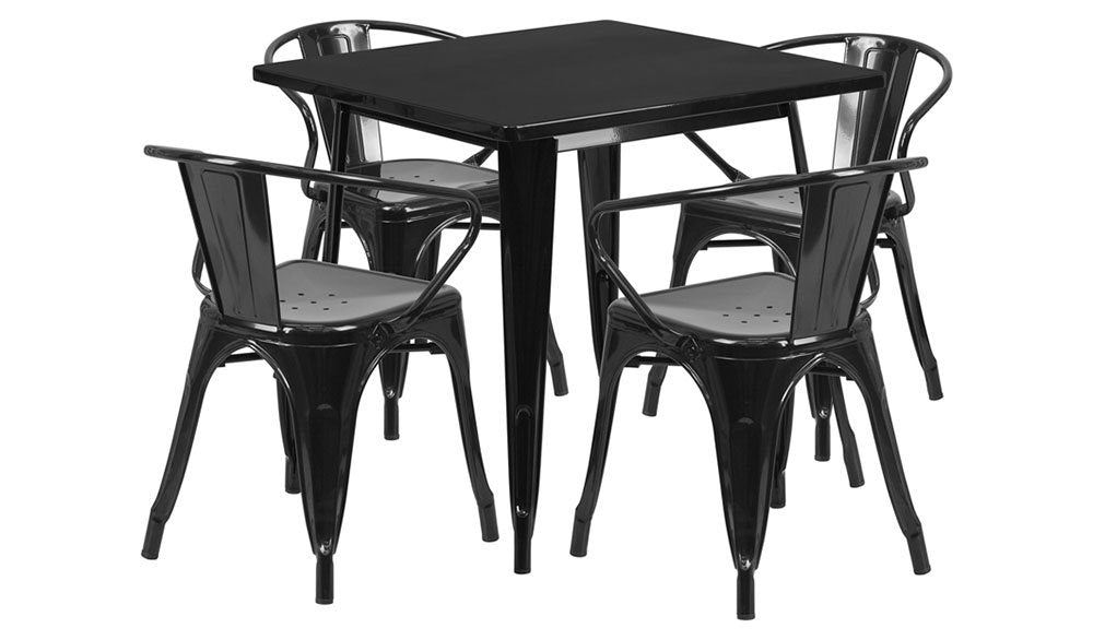 Flash Furniture Commercial Grade 31.5" Square Black Metal Indoor-Outdoor Table Set with 4 Arm Chairs