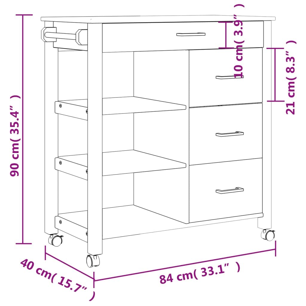 vidaXL Solid Wood Pine Kitchen Trolley Cart - Honey Wax Finish, Rolling Storage Organiser with Drawers/Shelves, 33.1" x 15.7" x 35.4"