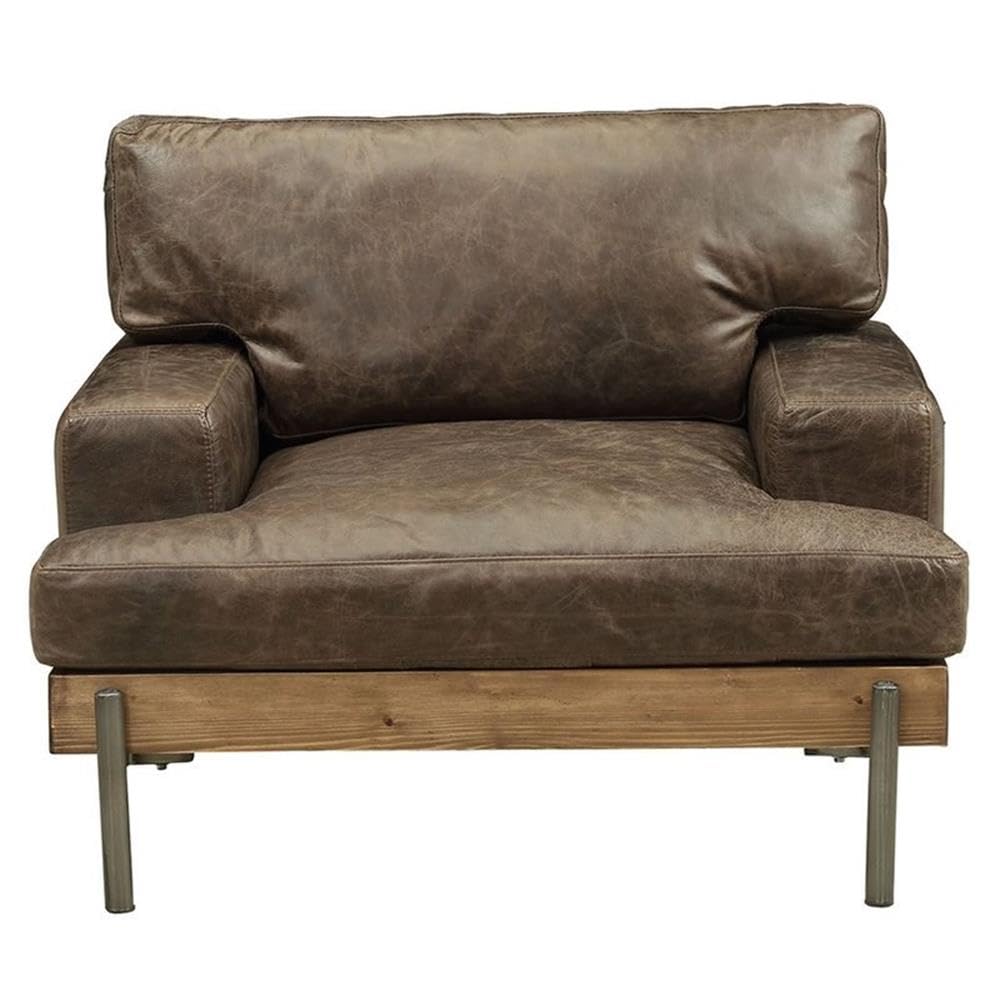 Acme Silchester Leather Accent Chair in Oak and Distress Chocolate