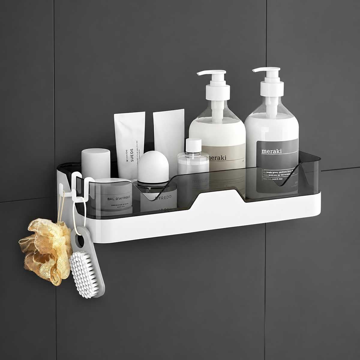 Bainsh Bathroom Shelf Organizer Wall Mounted | 2 Tier Plastic Bathroom Rack with 4 Hooks | No Drill Adhesive Bathroom Accessorie