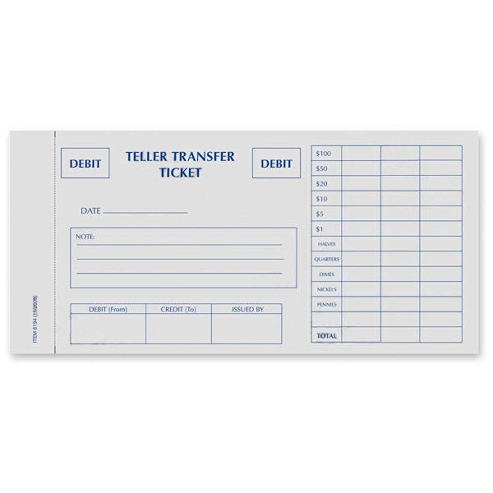 Teller Transfer Ticket Debit/Credit Pack Of 100 2 Copies Each Form