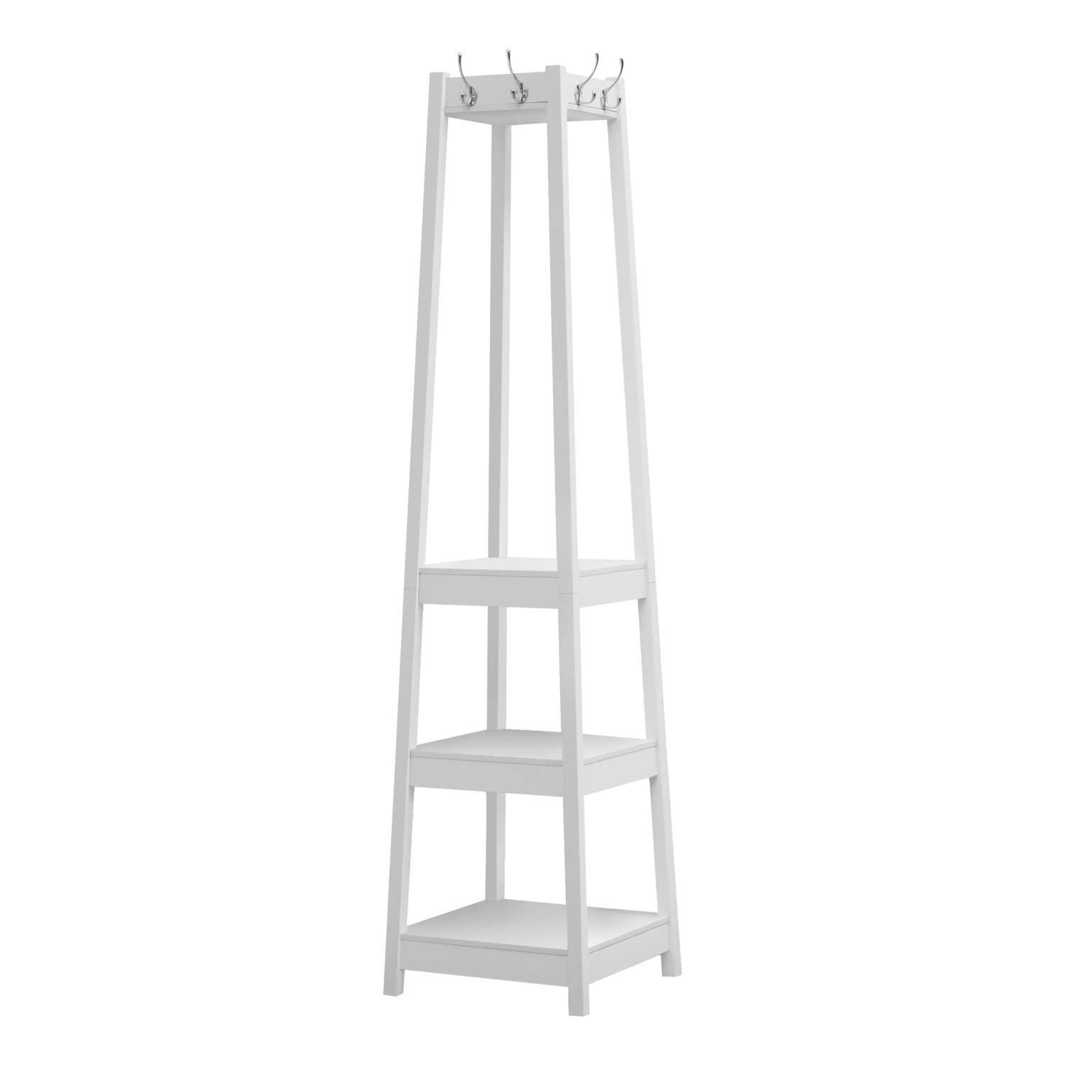 Monarch Specialties 4 Hooks and 3 Shelves Hanger Hanging for Entryway Hallway or Office Free Standing Hall-Tree, White