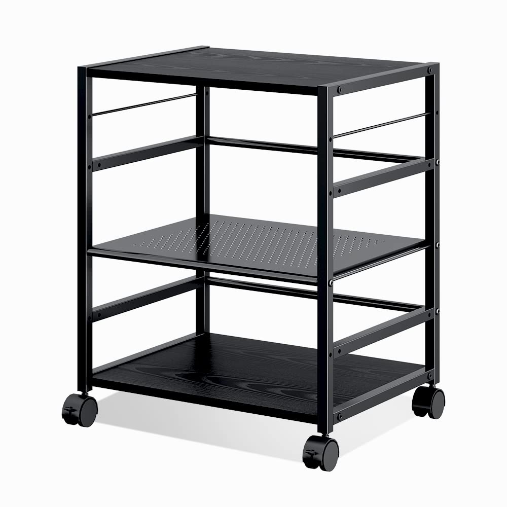 Devaise Mobile 3-Shelf Printer Stand With Adjustable Shelves, Modern Printer Cart With Large Storage Space, Printer Stand For Ho