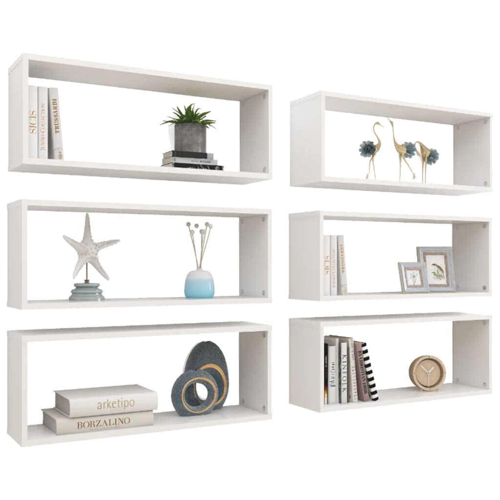 vidaXL Wall Cube Shelves 6 pcs White 23.6"x5.9"x9.1" Engineered Wood