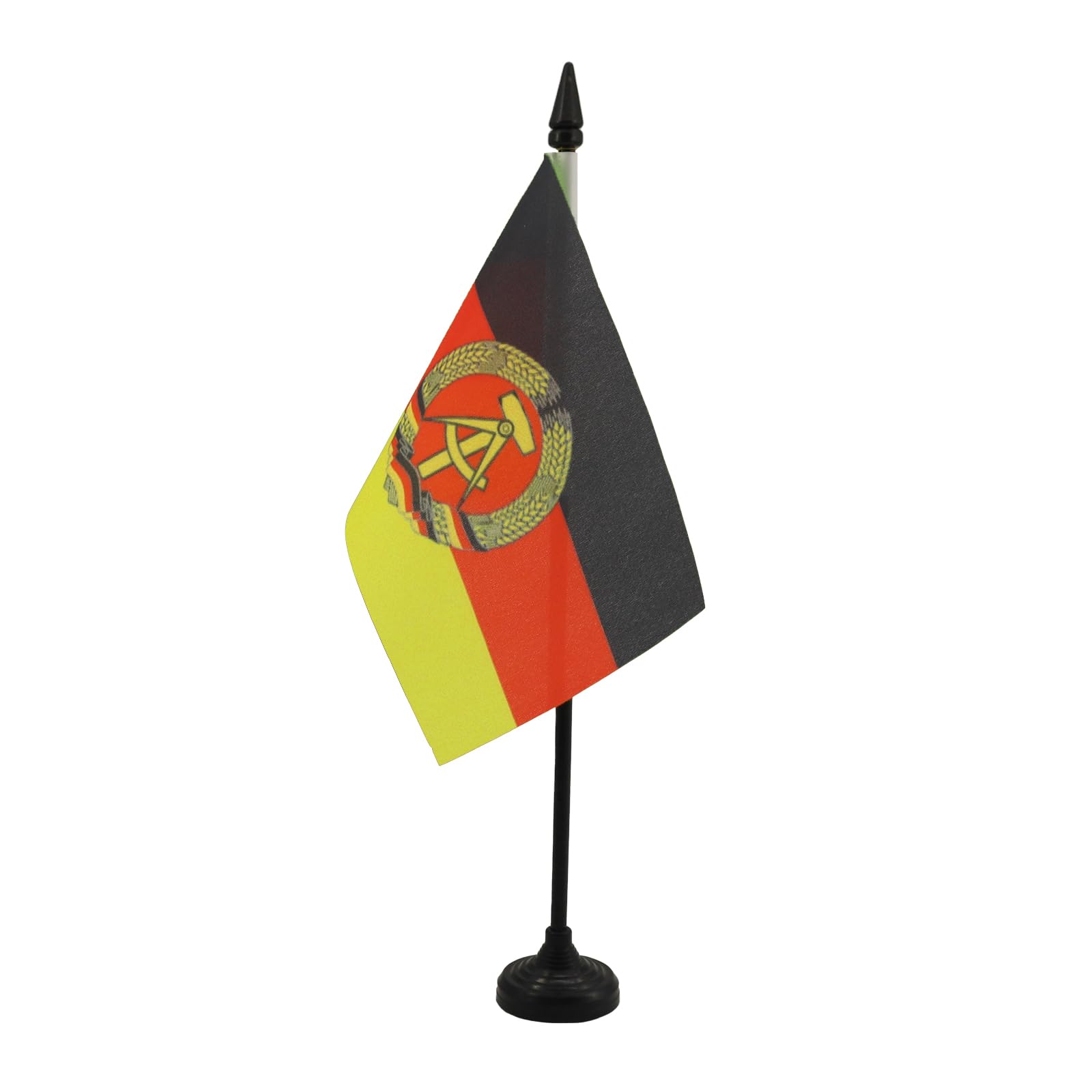 East Germany Table Flag 4' X 6' - German Rda Desk Flag 15 X 10 Cm - Black Plastic Stick And Base - Az Flag