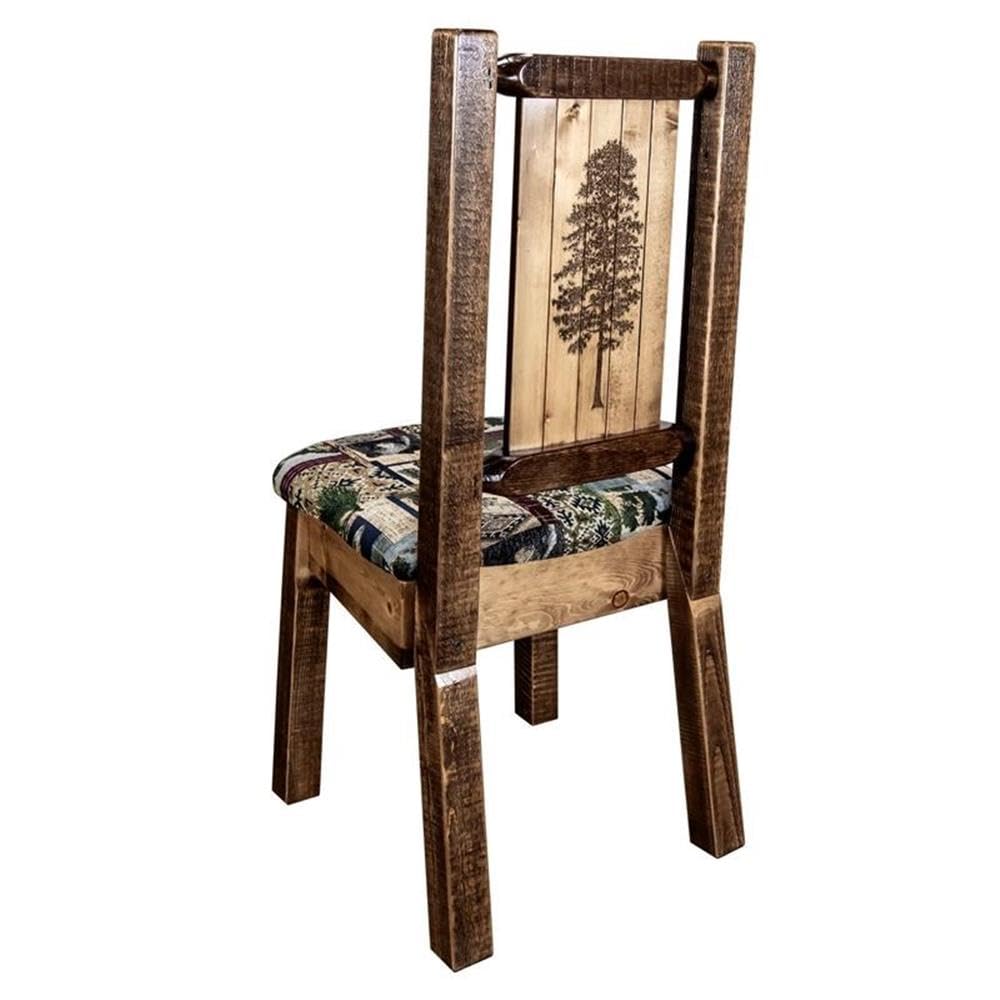Montana Woodworks Homestead Collection Side Upholstered Chair, Woodland Pattern with Laser Engraved Pine Tree Design, Stain & Lacquer Finish