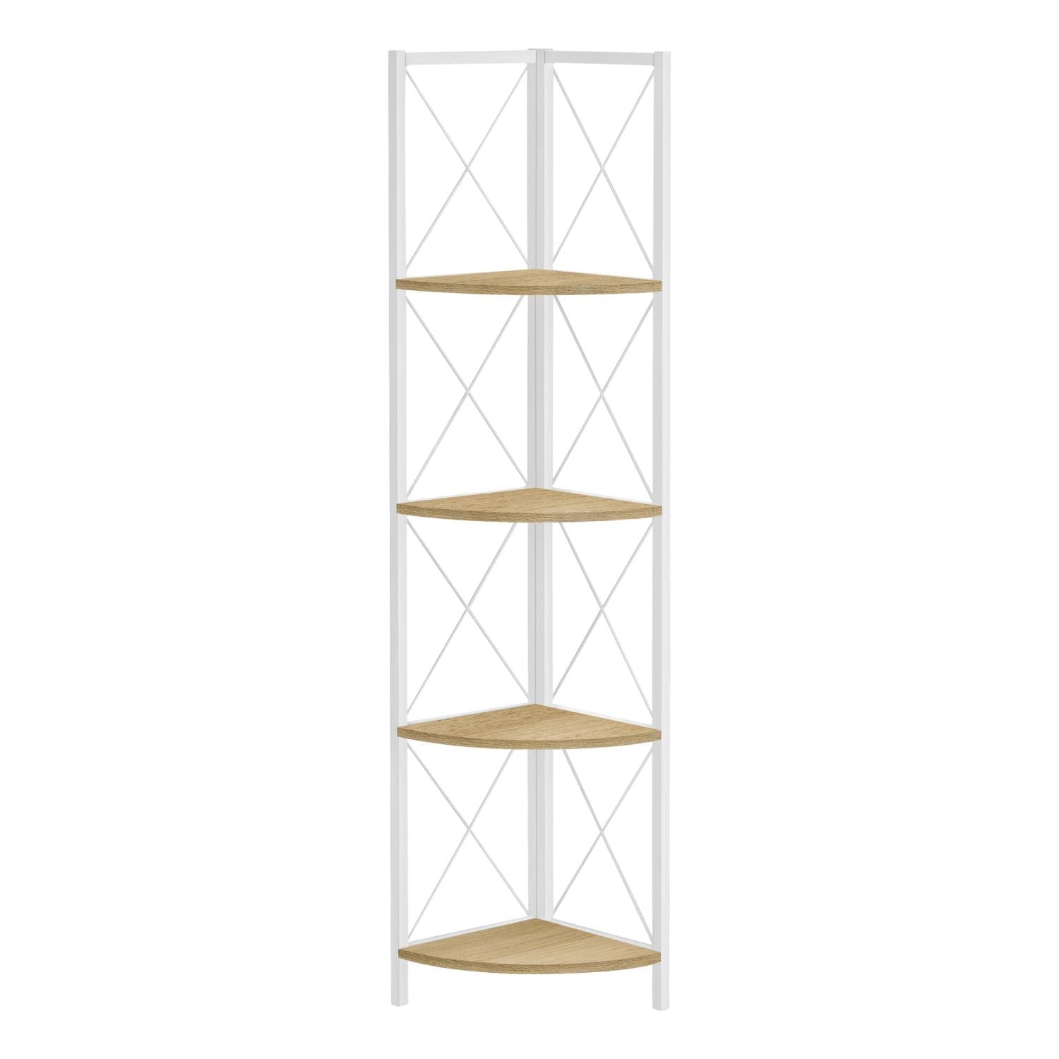 Monarch Specialties I 3652 Bookshelf, Bookcase, Etagere, Corner, 4 Tier, 60&quot; H, Office, Bedroom, Metal, Laminate, Natural, White, Contemporary, Modern