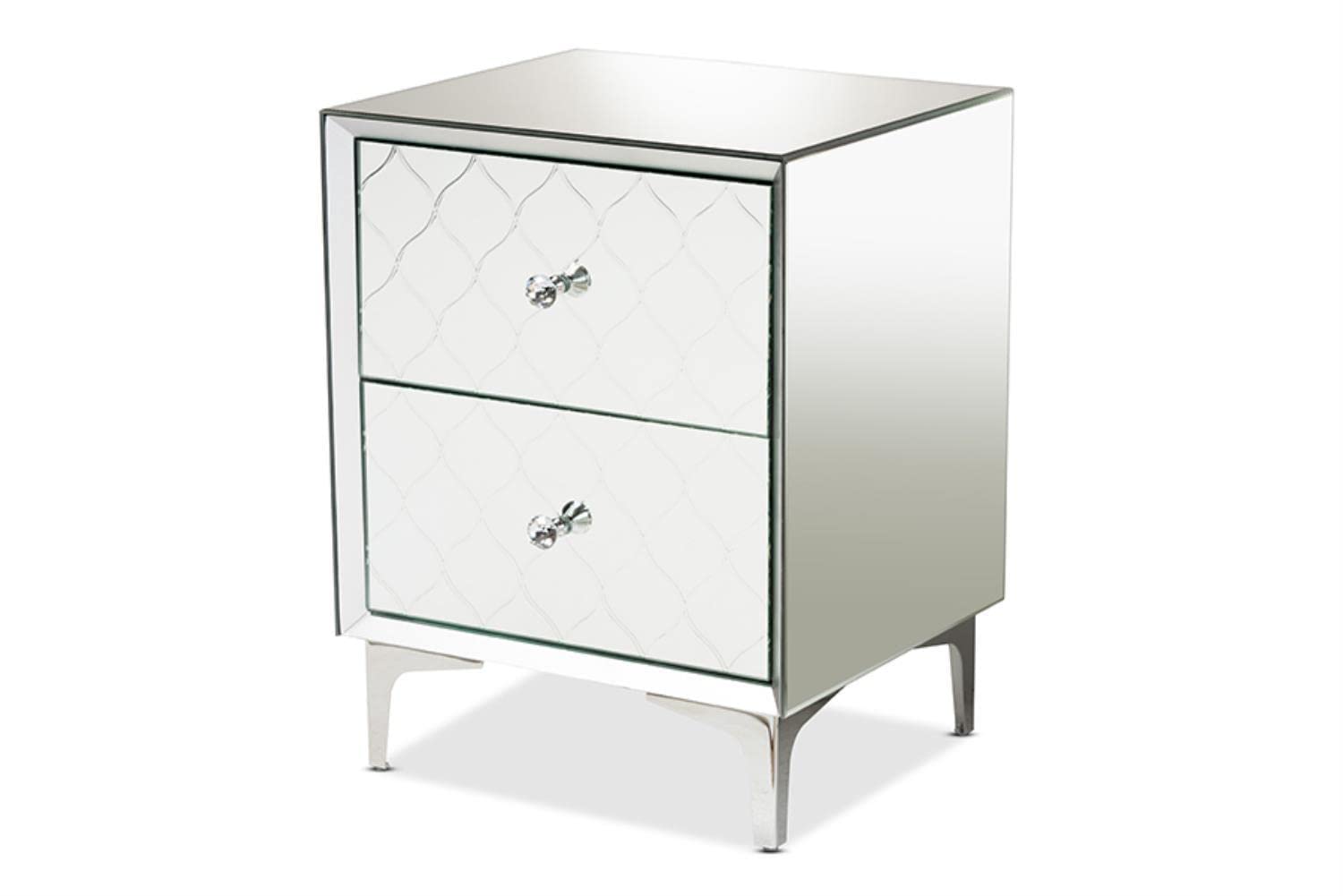Baxton Studio Kacela Silver Metal 2-Drawer End Table with Mirrored Glass