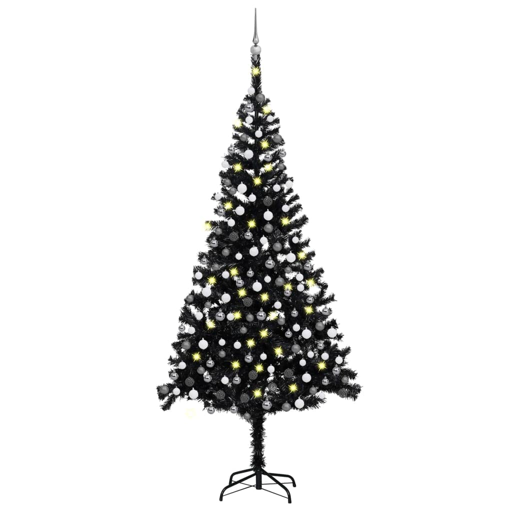 vidaXL PVC Artificial Christmas Tree with LED Lights & Ball Set - 94.5&quot; Height, 47.2&quot; Diameter - USB Powered - Black & Gray Decoration - Complete with Steel Stand