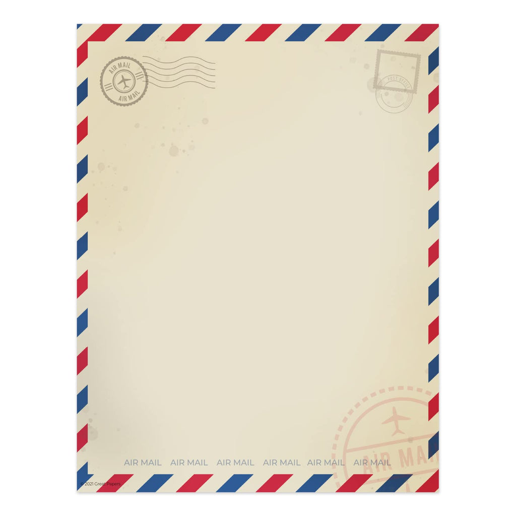 Vintage Air Mail Letterhead / 50 Sheets 8.5' X 11' Rustic Paper/Travel Themed Stationery/Red And Blue Striped Design