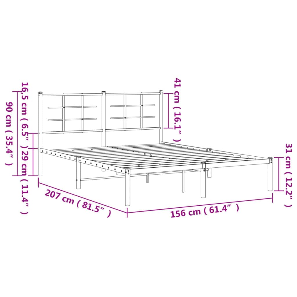 vidaXL Black Steel Double Bed Frame - Modern Bedroom Furniture with Headboard, Metal Slats, Under Bed Storage, 81.5&quot;x61.4&quot;x35.4&quot;