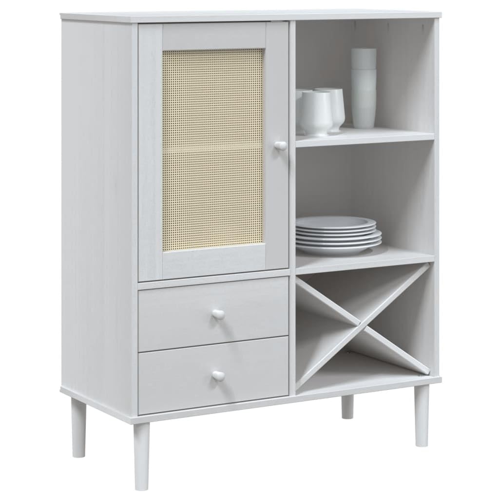 vidaXL SENJA Highboard Rattan-Look Side Cabinet - White Solid Pine Wood with UV Varnish, Ample Storage, and Sturdy Design for Home and Office