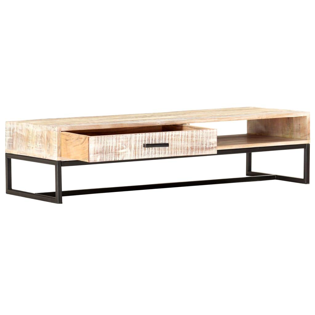 vidaXL Solid Acacia Wood Coffee Table - Handmade Living Room Furniture - Includes Drawer and Open Compartment for Storage - White Finish - 46.1 x 19.7 x 11.8 inches