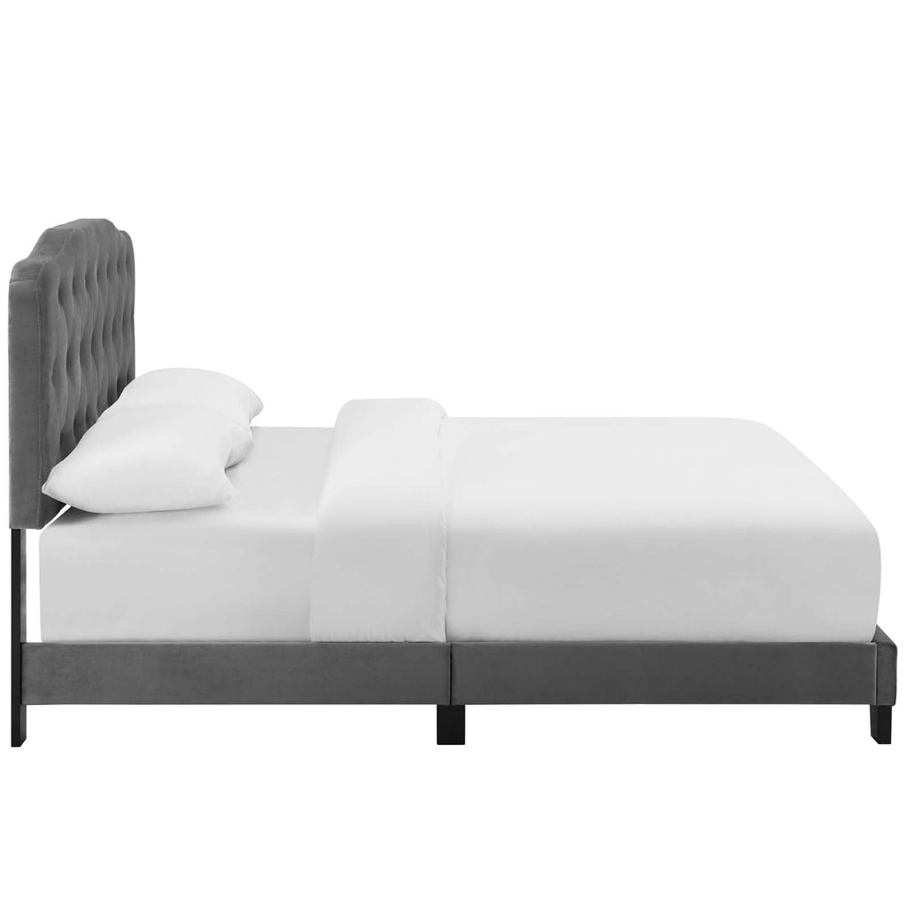CasaFoyer Amelia Performance Velvet Queen Bed | Luxurious Design | Stain-Resistant | Button-Tufted Headboard | Solid Wood Construction | Non-Marking Legs | Maximum Stability | Elegant Curves | Opulent Appearance | Gray