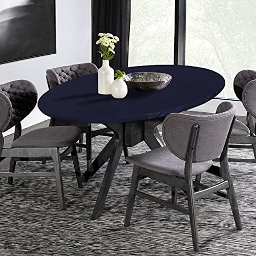 Lushvida Vinyl Fitted Table Cover Elastic Edged Plastic Table Cover… (Navy, Best For Up To 45'-56' Round)