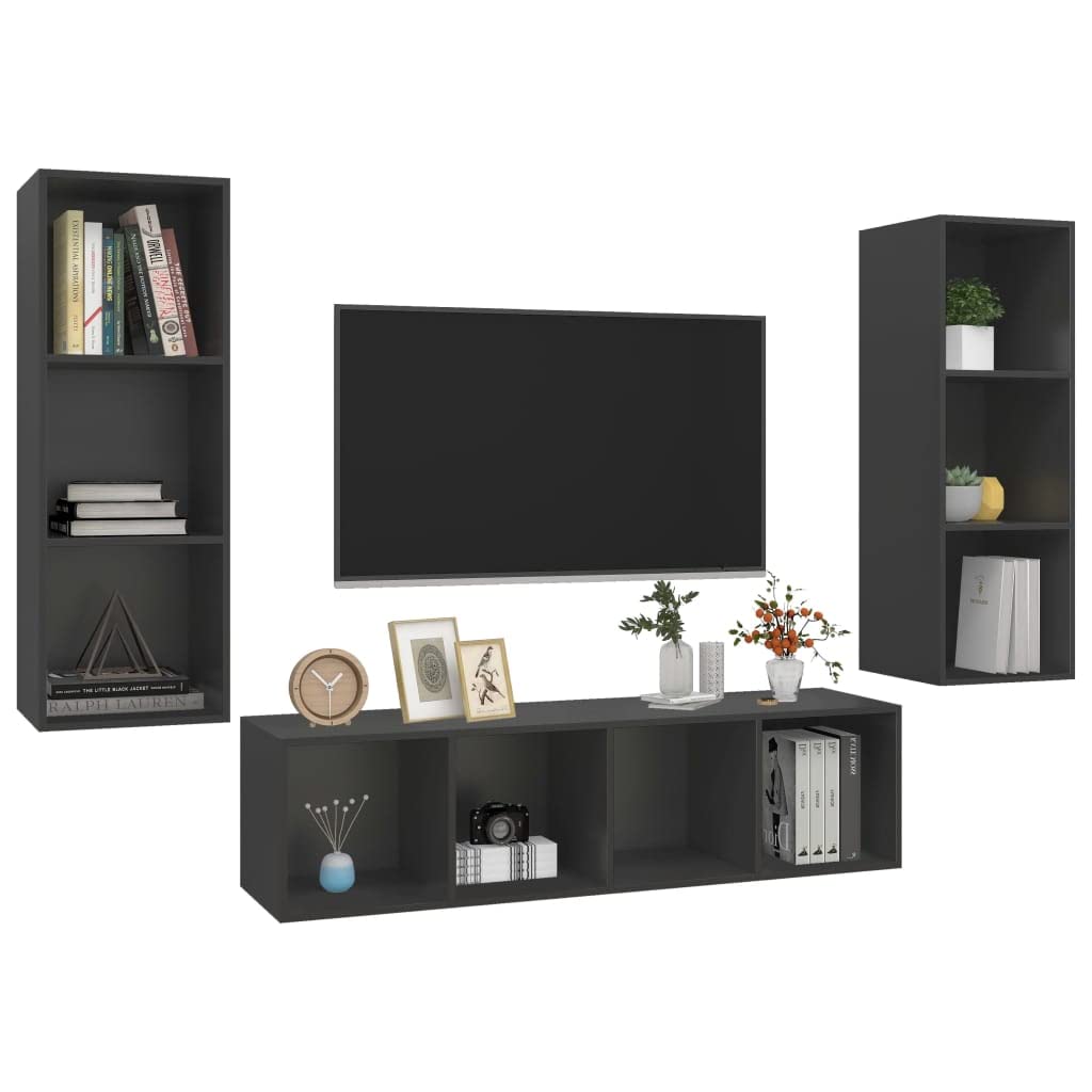 vidaXL TV Cabinet Set 3 Piece Hanging Wall Mount Stand Unit HiFi Stereo Plasma Home Indoor Cabinet Living Room Furniture Gray Engineered Wood