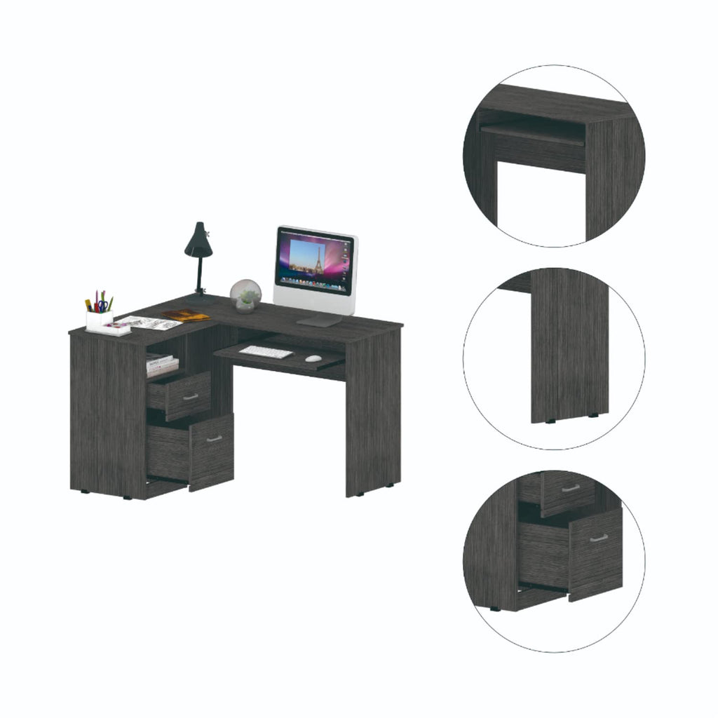 Idra L-Shaped Desk with Keyboard Tray, 2 Drawers, and Open Shelf, Smokey Oak
