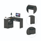 Idra L-Shaped Desk with Keyboard Tray, 2 Drawers, and Open Shelf, Smokey Oak