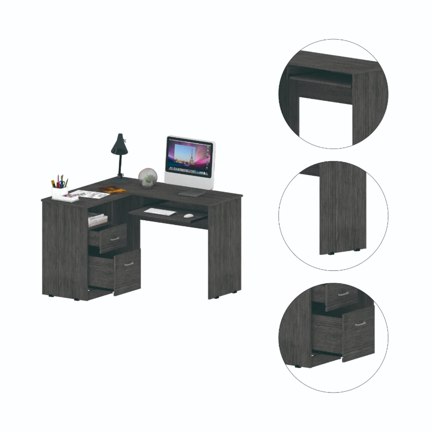 Idra L-Shaped Desk with Keyboard Tray, 2 Drawers, and Open Shelf, Smokey Oak