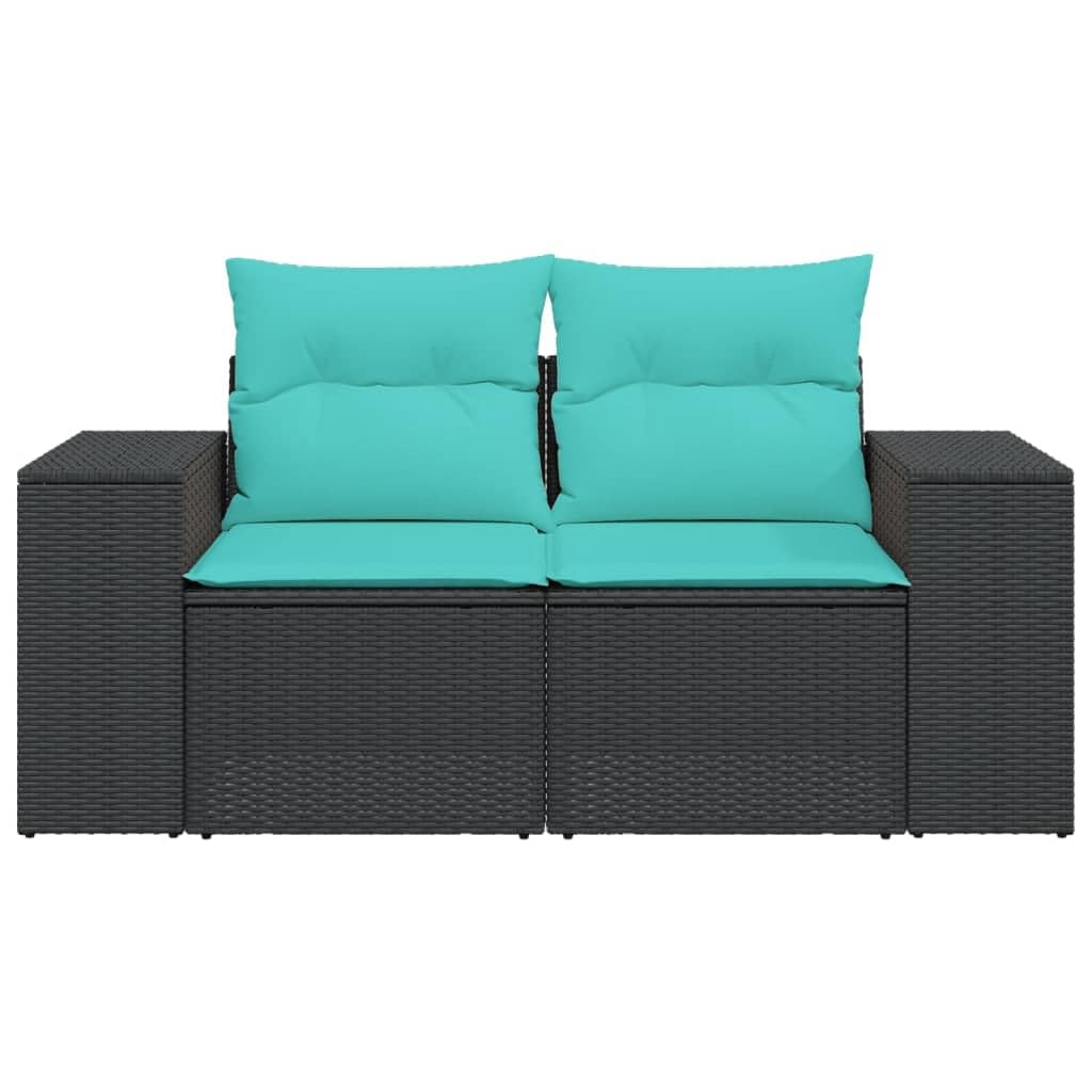 vidaXL Patio Sofa with Cushions - 2-Seater Outdoor Loveseat in Black PE Rattan - Comfortable Garden/Deck Furniture with Removable Blue Cushion Covers