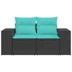 vidaXL Patio Sofa with Cushions - 2-Seater Outdoor Loveseat in Black PE Rattan - Comfortable Garden/Deck Furniture with Removable Blue Cushion Covers