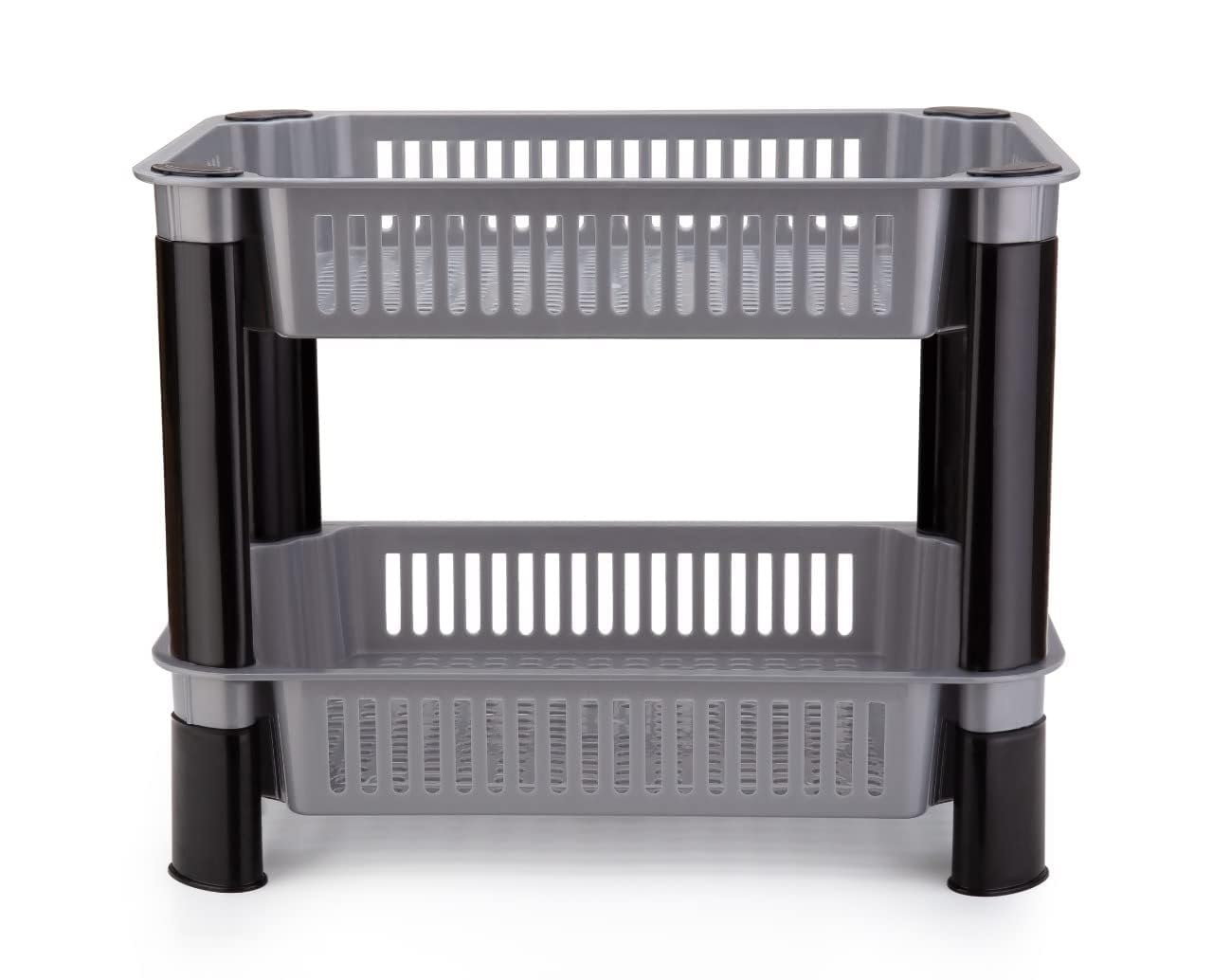 Black Olive Plastic Storage Organiser Rack  Multipurpose 2 Layer Kitchen Shelf Stand With Vegetable Baskets For Potato, Onion, 