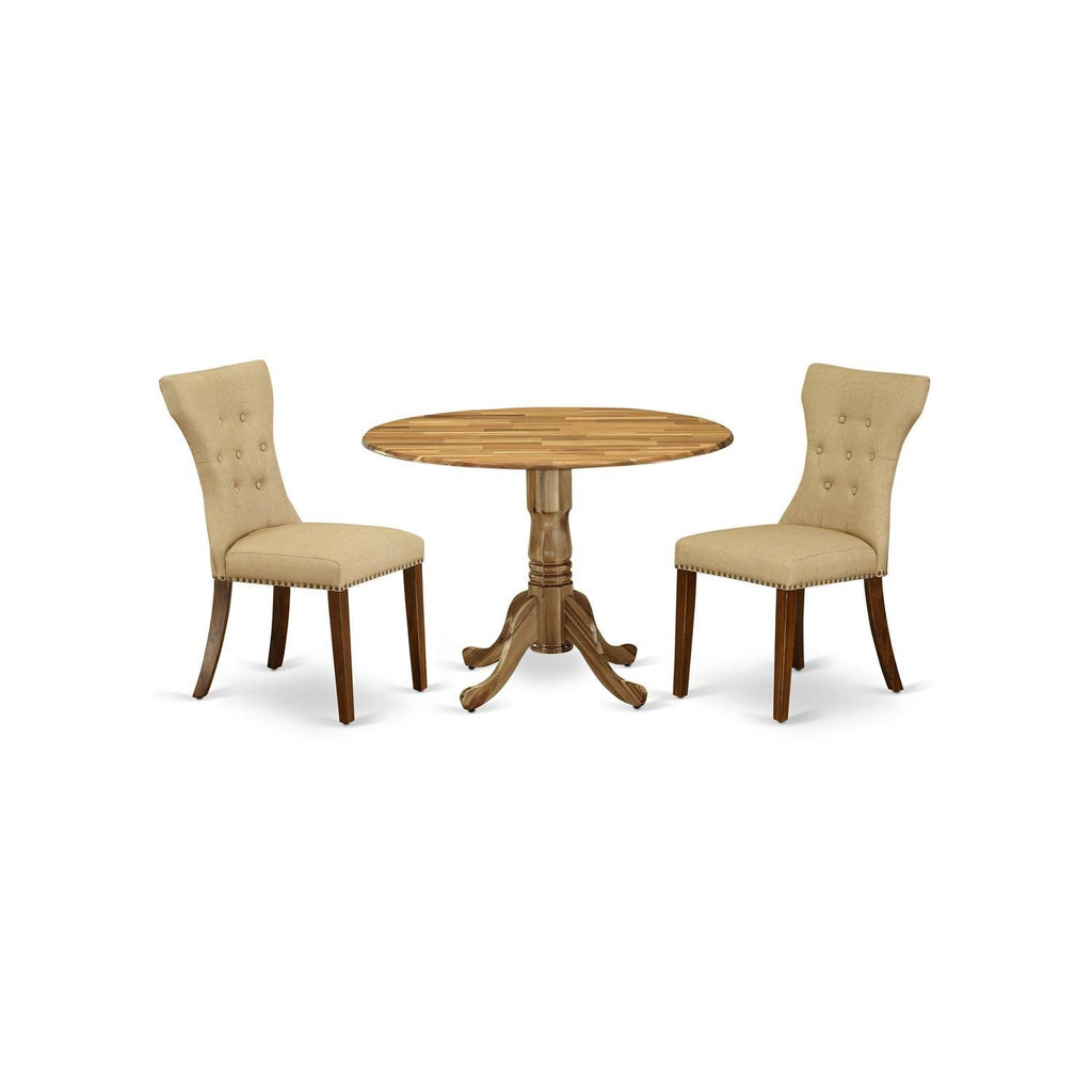 East West Furniture Dlga3-Ana-03 3 Piece Kitchen Table Set For Small Spaces Contains A Round Dining Room Table With Dropleaf And 2 Brown Linen Fabric Padded Chairs, 42X42 Inch, Natural