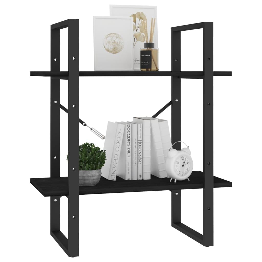 Libreria a 2 Ripiani Nera 60x30x70 cm in Massello di Pino