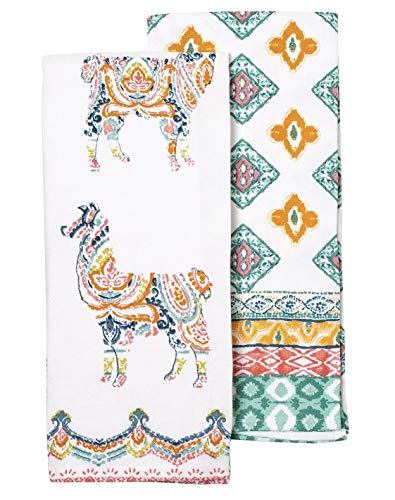 ENVOGUE Colorful Llama Medallions  Set of 2 Kitchen Hand Towels  100% Cotton