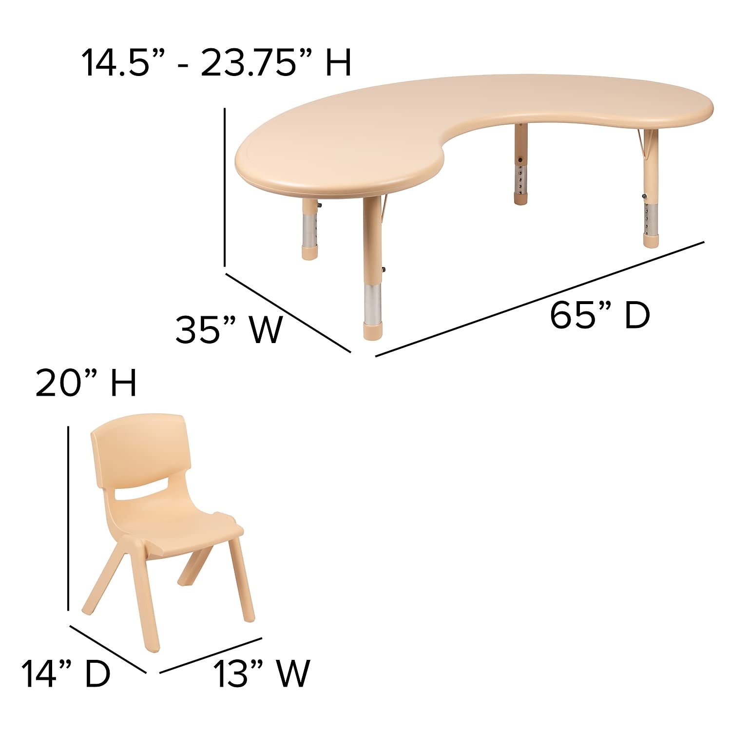 Flash Furniture 35'W X 65'L Half-Moon Natural Plastic Height Adjustable Activity Table Set With 4 Chairs