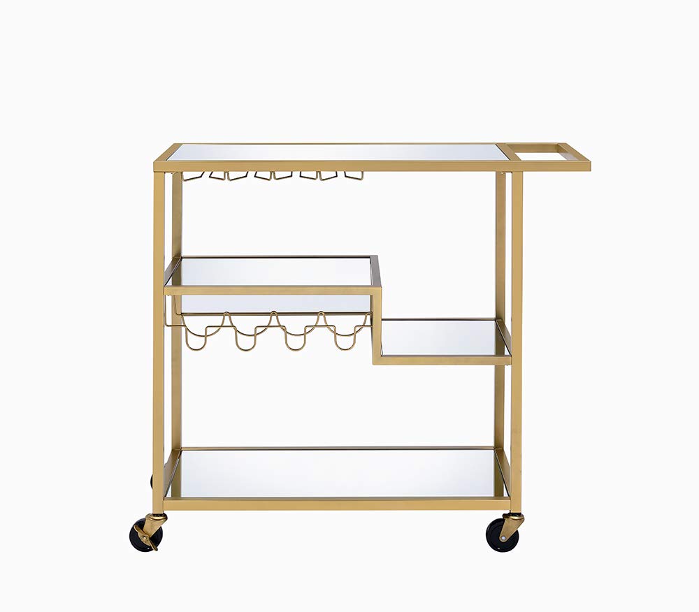 HomeRoots Metal, Glass 40' X 16' X 37' Gold and Clear Glass Serving Cart