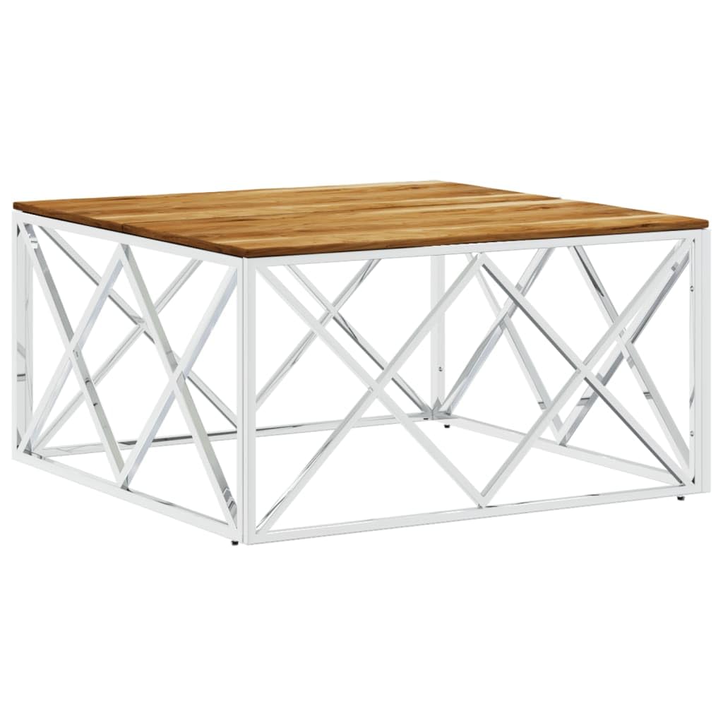 vidaXL Square Coffee Table - Acacia Wood Top, Stainless-Steel Frame, Spacious Surface, Modern Living Room Furniture Accent Piece