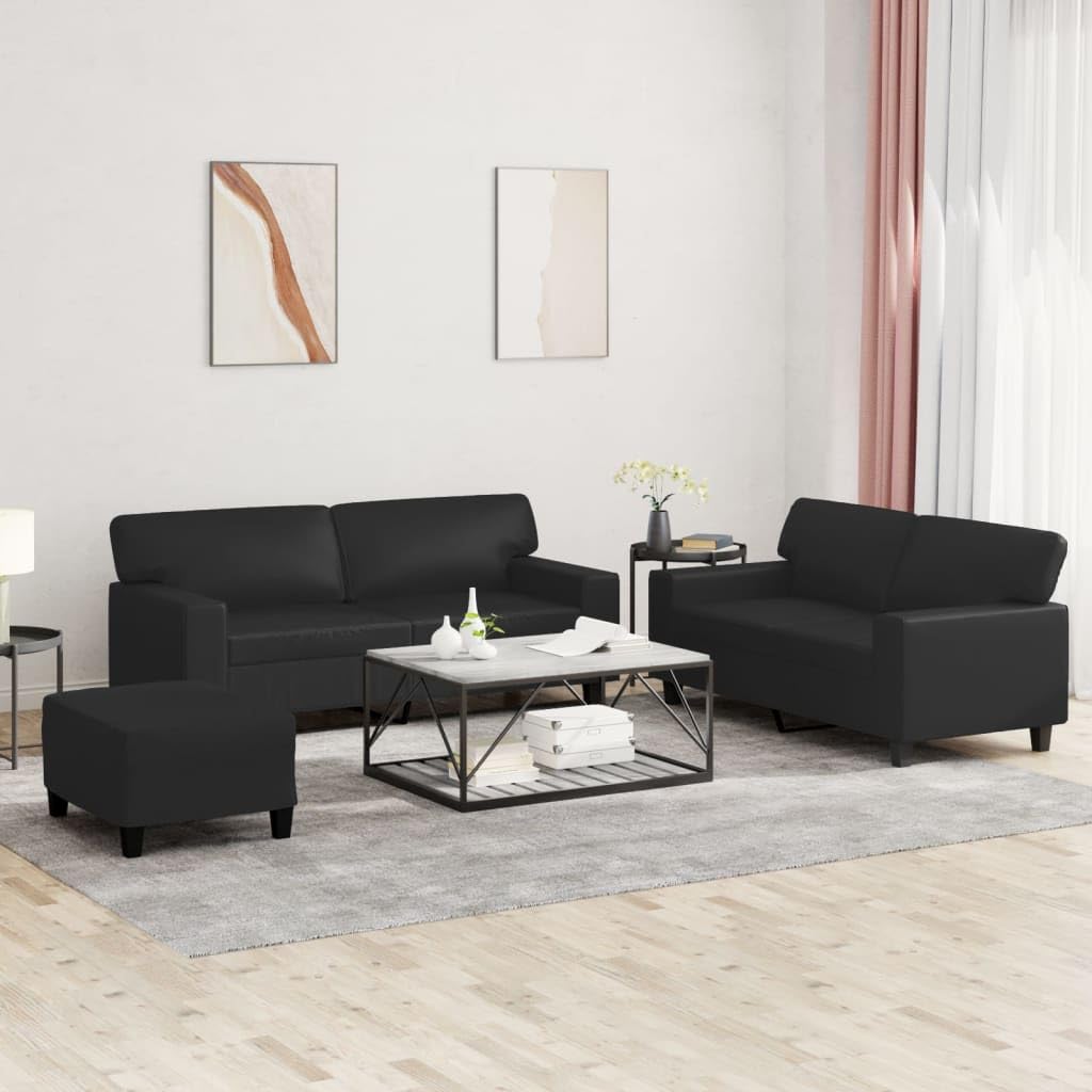 vidaXL Black Faux Leather Sofa Set - Includes Two 2-Seater Loveseats & Footstool, Comfortable Padded Seats with Metal & Plywood Frame for Living Room