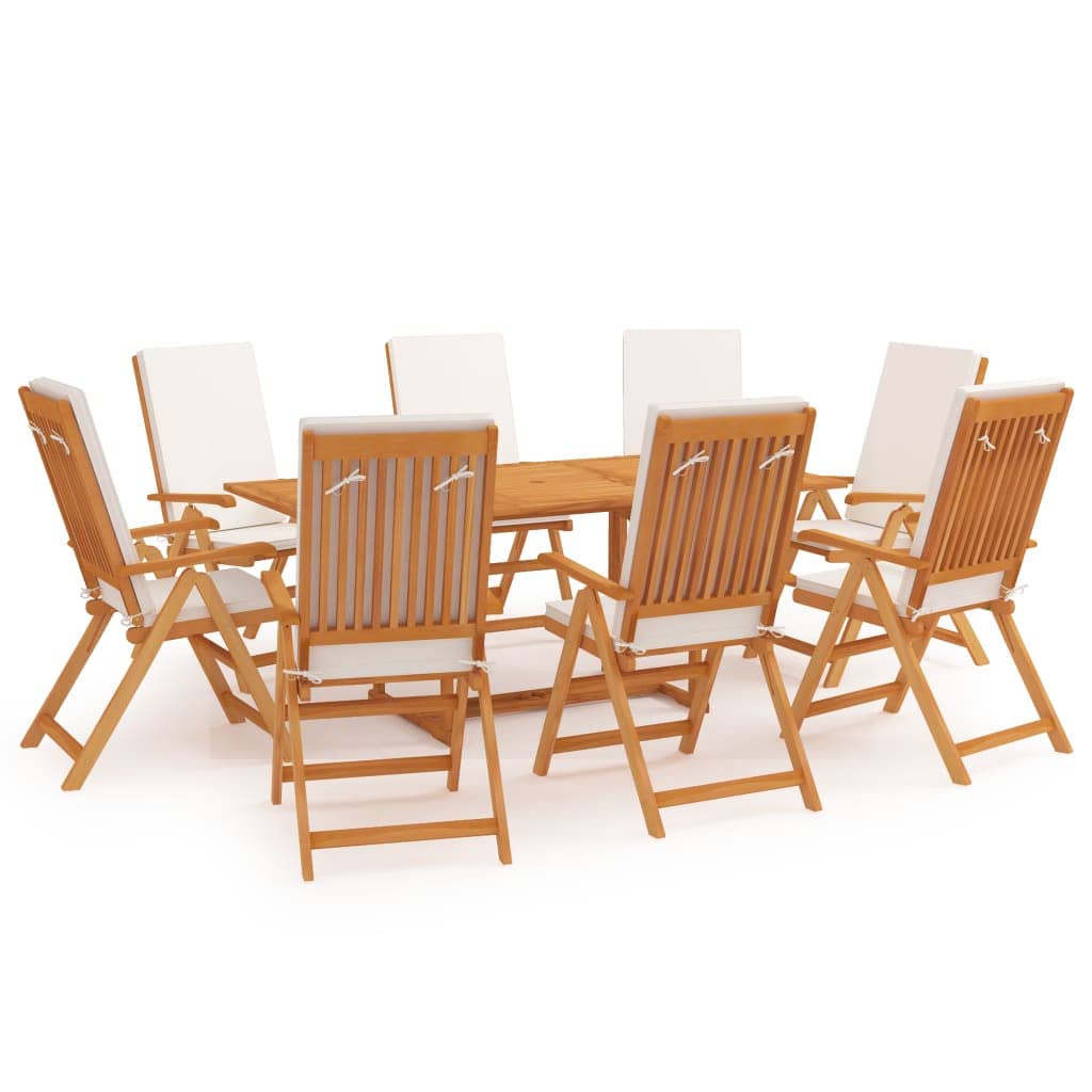 vidaXL Solid Teak Wood Patio Dining Set- 9 Piece Garden Furniture with Adjustable Chairs, Umbrella Hole, and Removable Cushions, Cream White