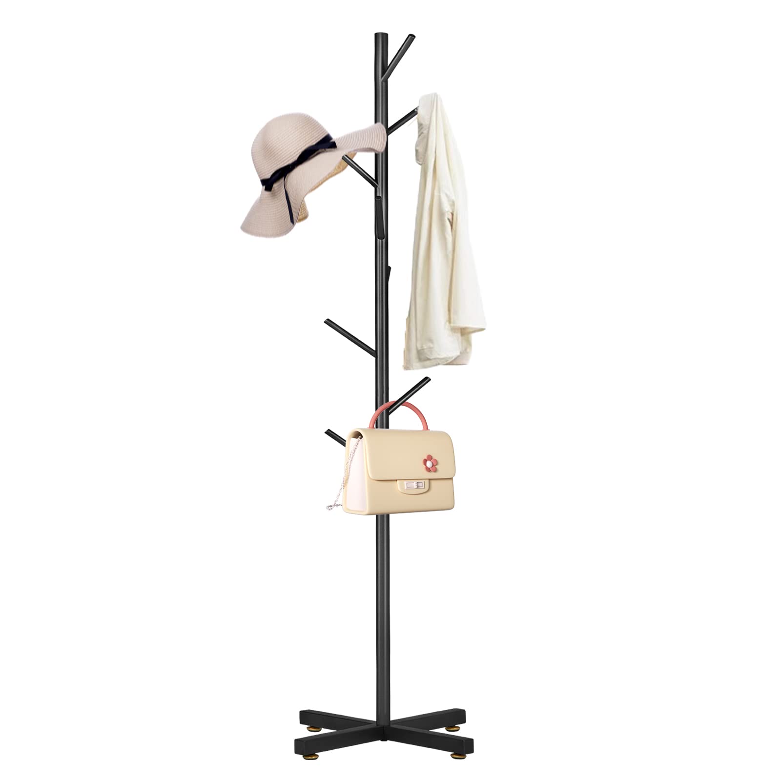 Metal Coat Rack, Modern Coat Rack Freestanding, Sturdy Coat Tree Stand with Cross Base, Black Coat Racks Hall Tree for Clothes J