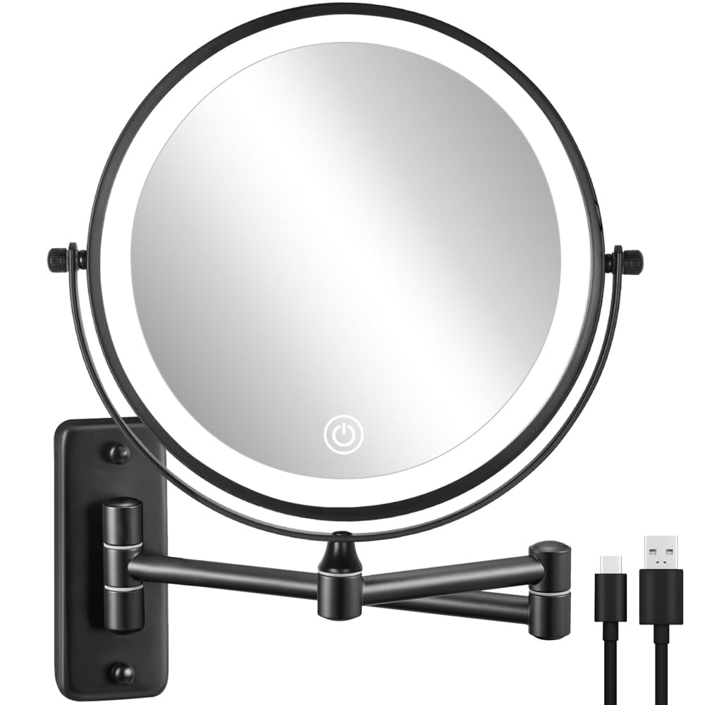 DECLUTTR Rechargeable Wall Mounted Lighted Makeup Mirror, 8 inch 10X Magnifying Mirror with 3 Color Lights, Dimmable Touch Scree